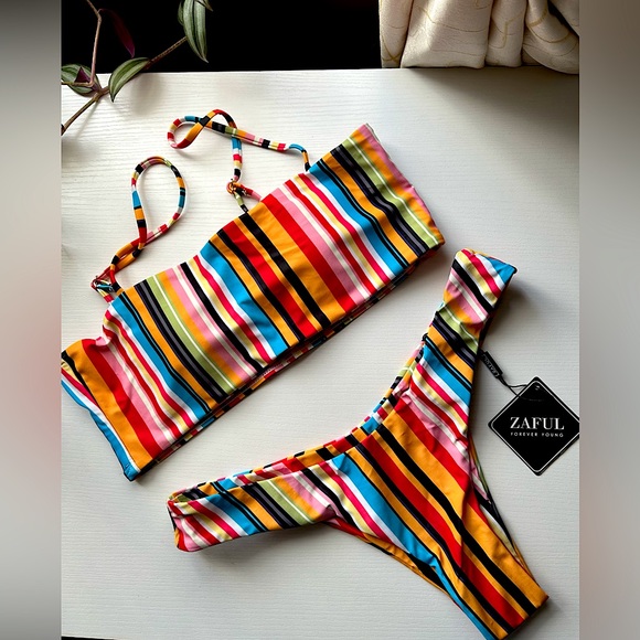 Other - NWT 3 piece Colorful Striped Bandeau Bikini Set Matching Hair Band Scrunchie